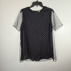 Adam Lippes Blouse Women 8 Black Silk Lined Short Sleeve Top Sheer Silver Detail